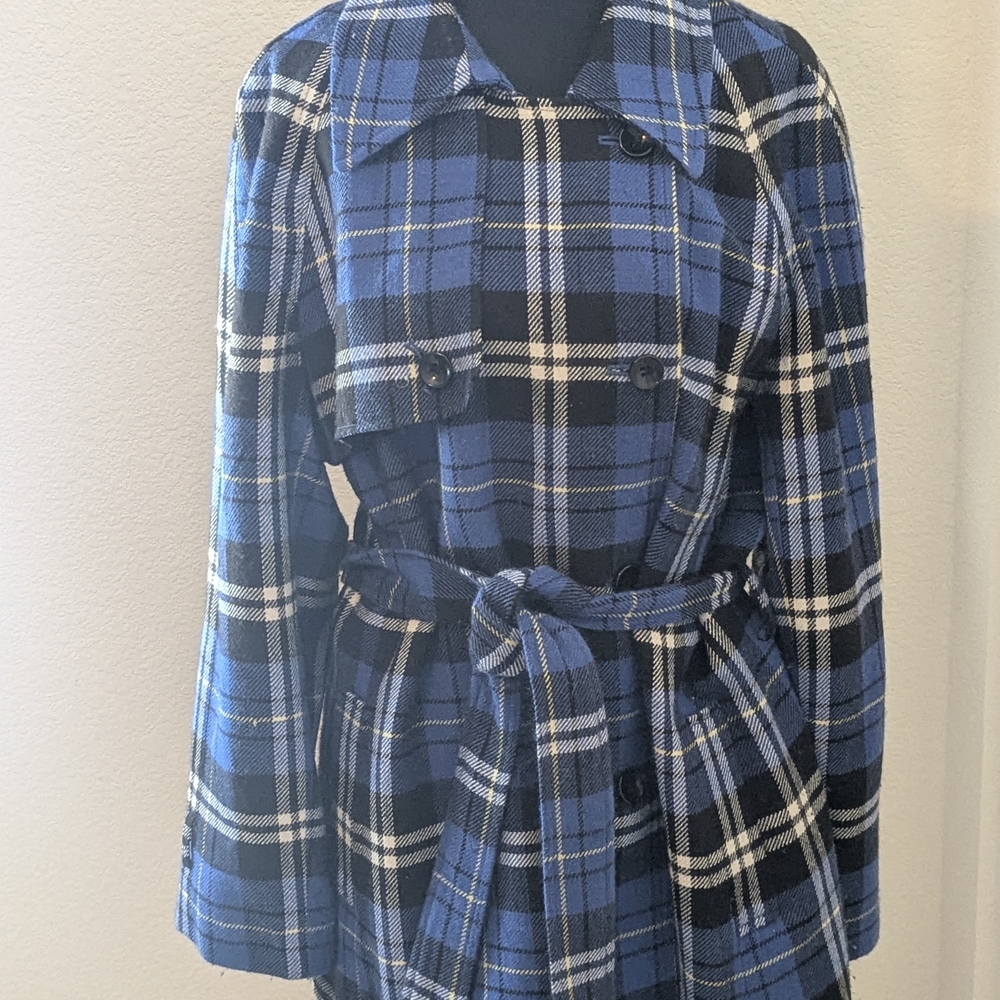 Jones Wear Blue Plaid Belted Trench Jacket XL Double Breasted Lined Coat